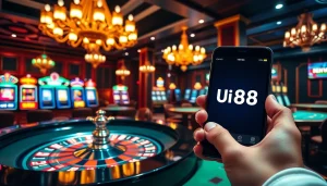 Experience thrilling gameplay at UU 88, showcasing poker tables and vibrant slot machines in a casino.