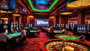 Players enjoying a thrilling game at a luxurious casino with 89bet digital displays in view.