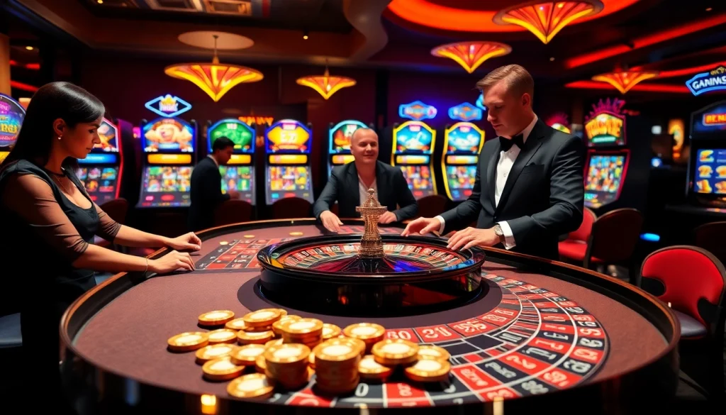 A vibrant scene at https://lu88gov.com/ showcasing an engaging roulette table with players and poker chips.