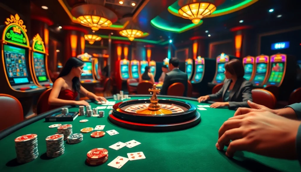 Exciting gambling scene featuring Hi88 casino tables with poker chips and roulette wheel.