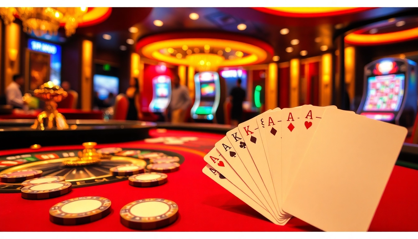 Engage with the vibrant excitement of go 88 vip at a luxurious casino table, showcasing cards, chips, and a glowing slot machine.