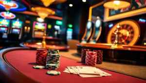 Betting on kèo nhà cái 5 at an upscale casino with poker chips and a vibrant roulette wheel.