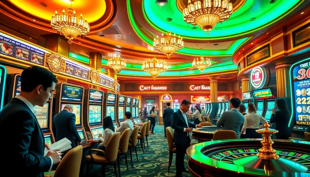 Xổ số miền nam players checking lottery tickets in a vibrant casino environment