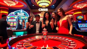 CM88 betting excitement at a glamorous casino roulette table with players celebrating a win.