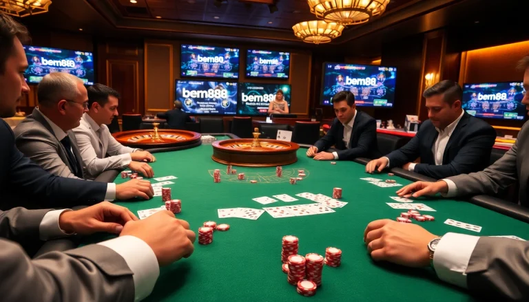Bem88 players engaging in a high-stakes poker game at an elegant casino table.
