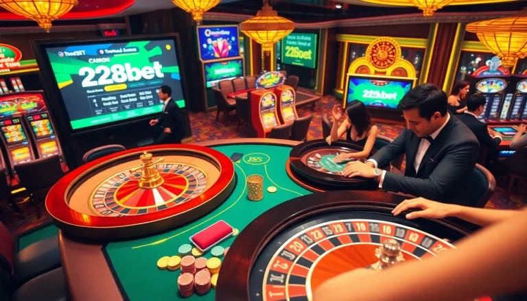 Engaging casino scene with players at a poker table featuring http://228kbet.net/ promotions in a luxurious setting.