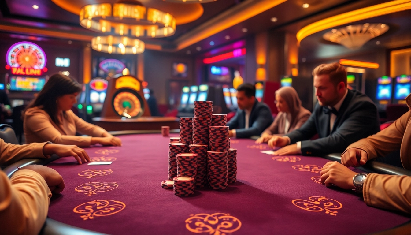 Players at an okking poker table experience thrilling card matches amidst vibrant casino lights.