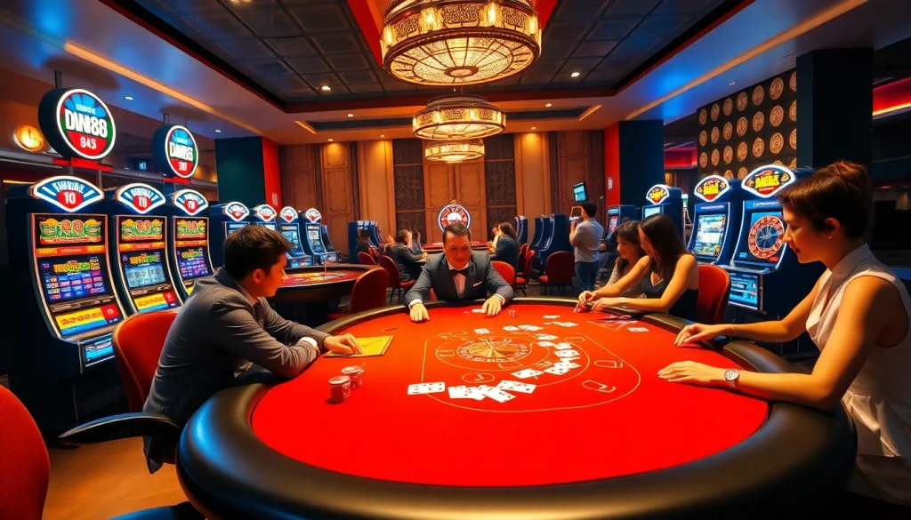 Experience the excitement of DN 88 with players at a luxurious poker table, vibrant casino atmosphere.