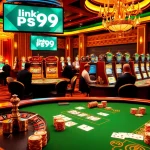 Exciting gaming scene showcasing link PS99 at a luxurious blackjack table and roulette.