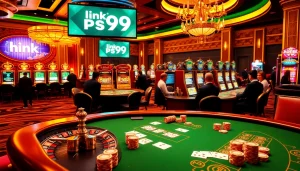 Exciting gaming scene showcasing link PS99 at a luxurious blackjack table and roulette.
