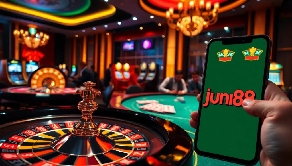 Win big at https://jun88pl.com/ in a luxurious casino scene featuring roulette, poker chips, and stylish decor.
