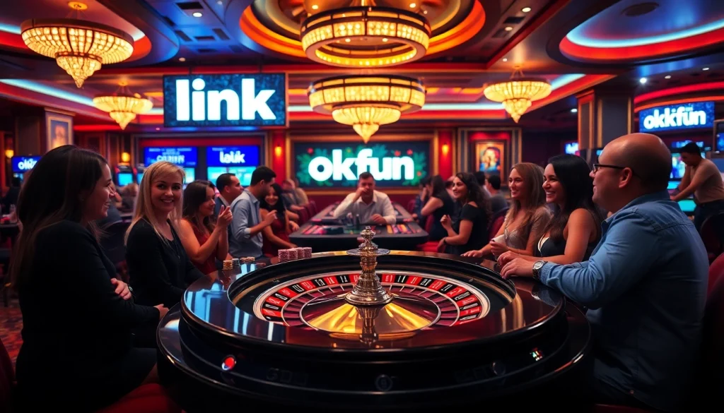 Players enjoying card games and roulette at a luxurious casino, highlighting link OKFUN for betting.
