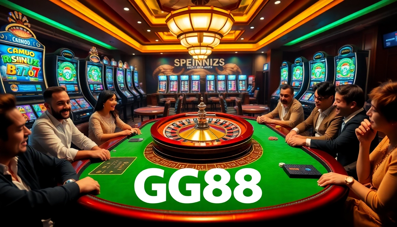 Players enjoying the thrilling atmosphere of GG88 slots with vibrant roulette and colorful games.