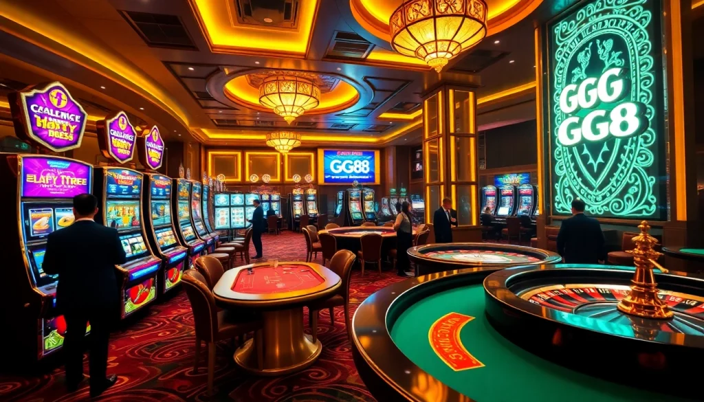 Gamblers enjoying an exciting game atmosphere at GG88 casino, featuring slot machines and poker tables.