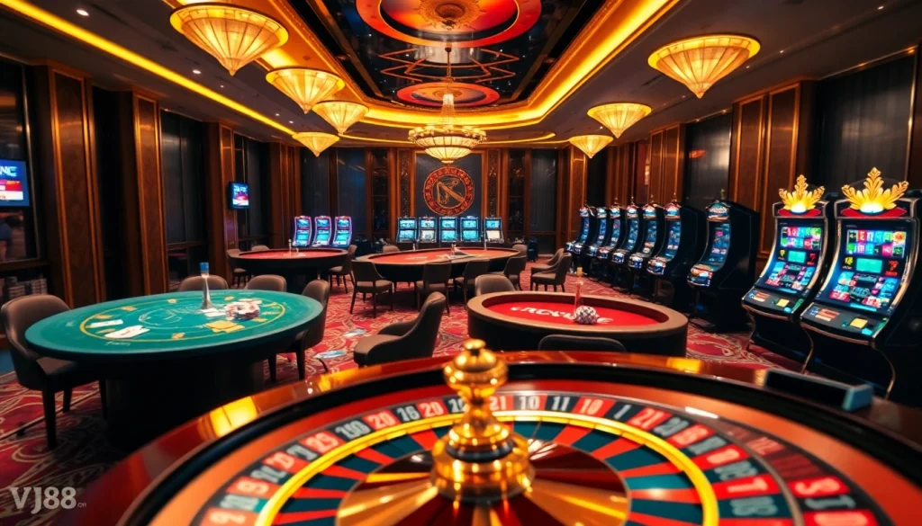 Engage in exciting casino action at https://vj88.com/, featuring vibrant gaming tables and roulette wheels.