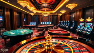 Engage in exciting casino action at https://vj88.com/, featuring vibrant gaming tables and roulette wheels.