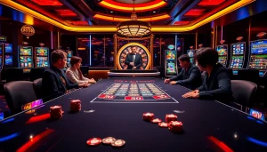 Players engage in a thrilling game at OK365 poker table, showcasing excitement and strategy.