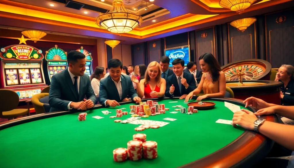 Exciting casino atmosphere at link OKFUN with vibrant poker tables and high-stakes action.