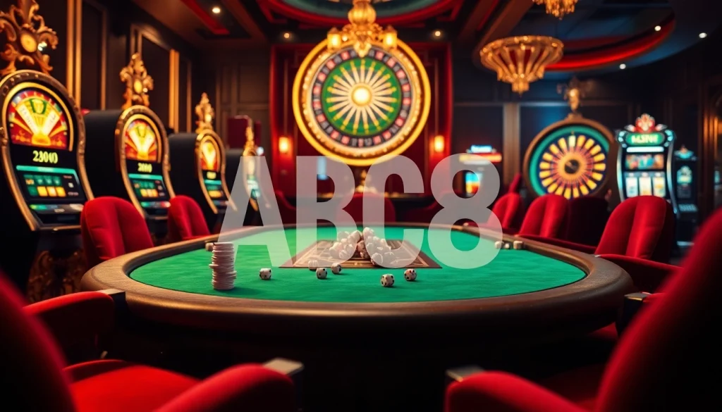 Players strategizing at a poker table, enhancing their chances with ABC8, surrounded by slot machines.