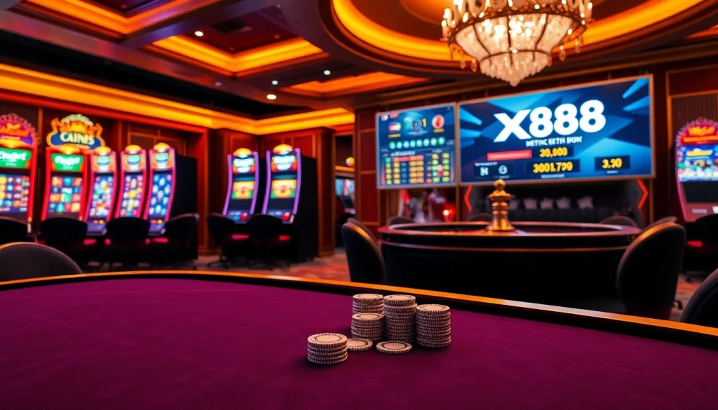 Players enjoying a thrilling game at the X88 casino table surrounded by vibrant slot machines.