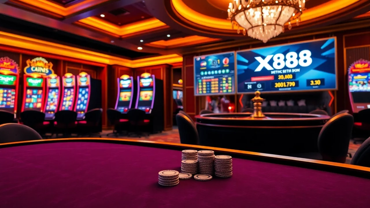 Players enjoying a thrilling game at the X88 casino table surrounded by vibrant slot machines.