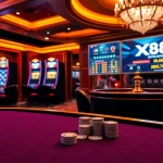 Players enjoying a thrilling game at the X88 casino table surrounded by vibrant slot machines.
