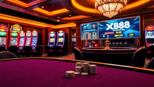 Players enjoying a thrilling game at the X88 casino table surrounded by vibrant slot machines.