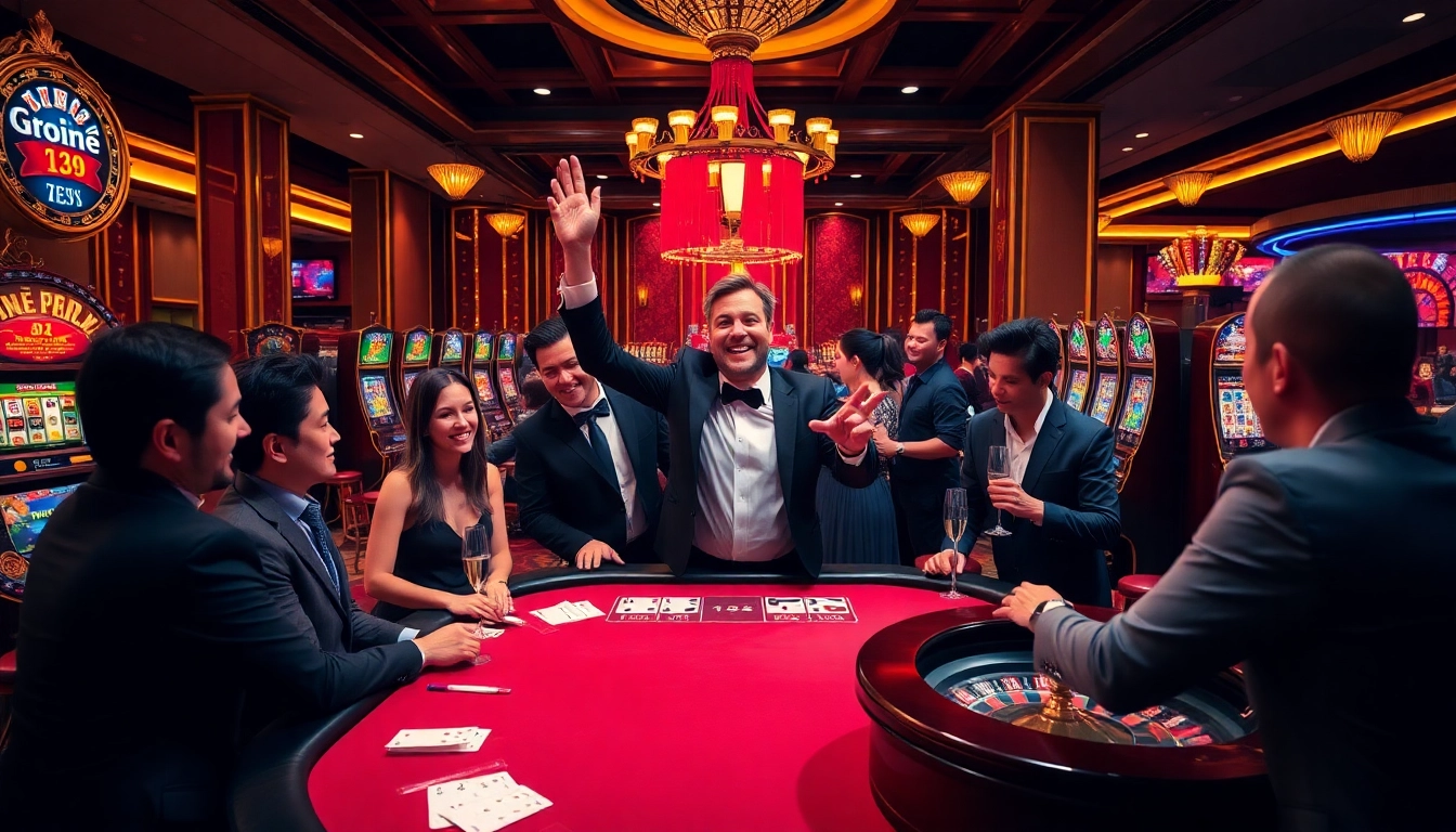 Celebrating a big win at 999bet with poker chips and festive casino decor.