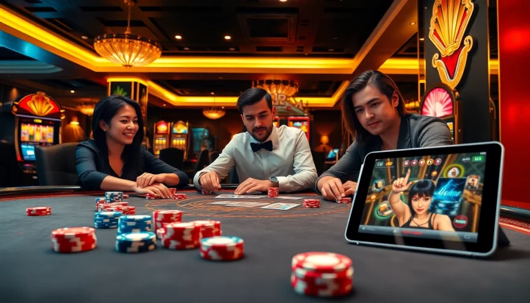 Players engaged at a poker table featuring MK 8 betting chips amidst a vibrant casino backdrop.