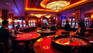 KuwinBlog.com showcases a lively casino scene with poker gameplay, roulette, and vibrant slot machines.