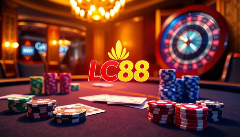 Excited gamers placing bets at an LC88 poker table, showcasing vibrant poker chips and cards.