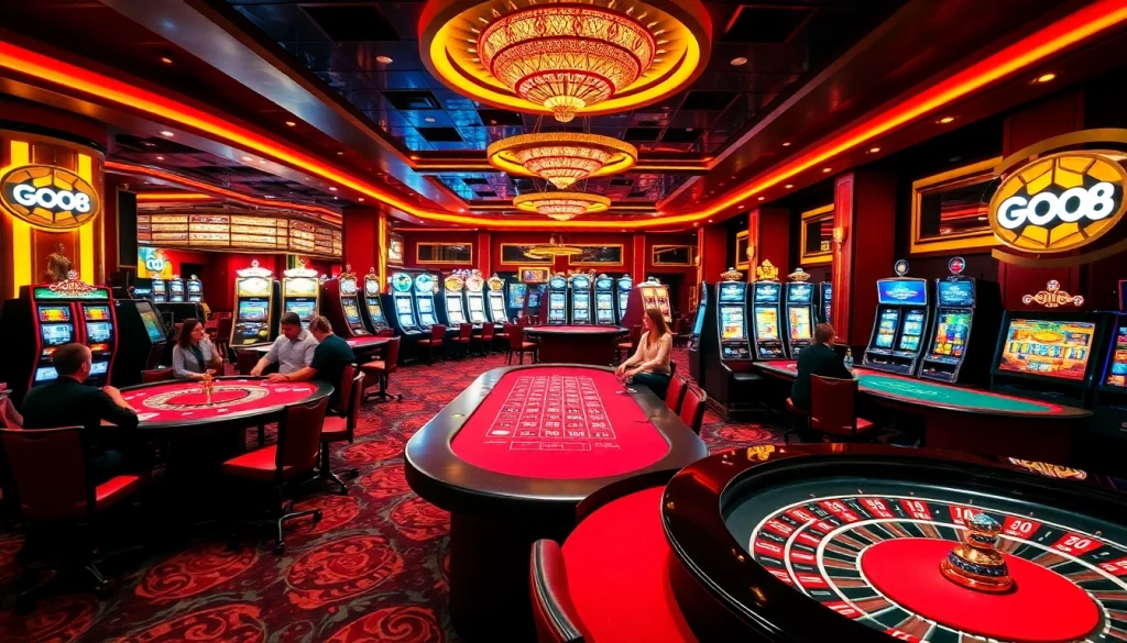 Engage in exciting casino gaming at GO8 with vibrant tables, cards, and roulette wheels.