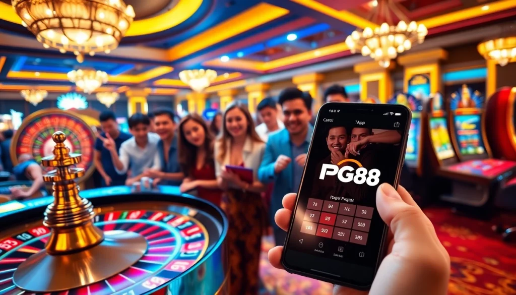 Experience the thrill of gambling with Tải App PG88 showcasing vibrant casino games and a smartphone.