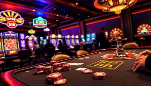 Gambling at KP 88 casino table with poker chips and vibrant slot machines.