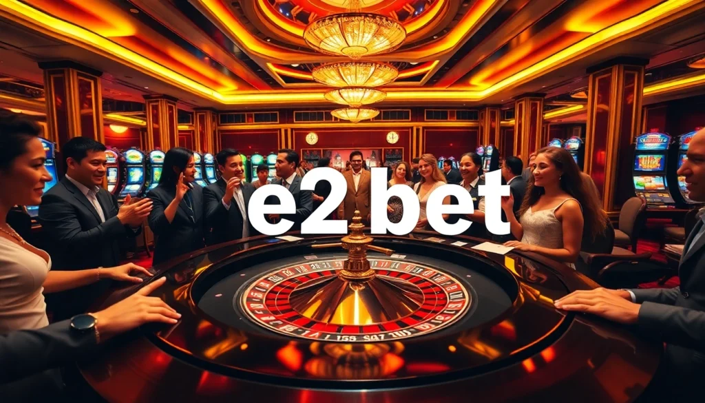 Engaging scene of players excitedly placing bets at the e2 bet roulette table in a luxurious casino.