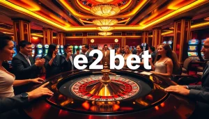 Engaging scene of players excitedly placing bets at the e2 bet roulette table in a luxurious casino.