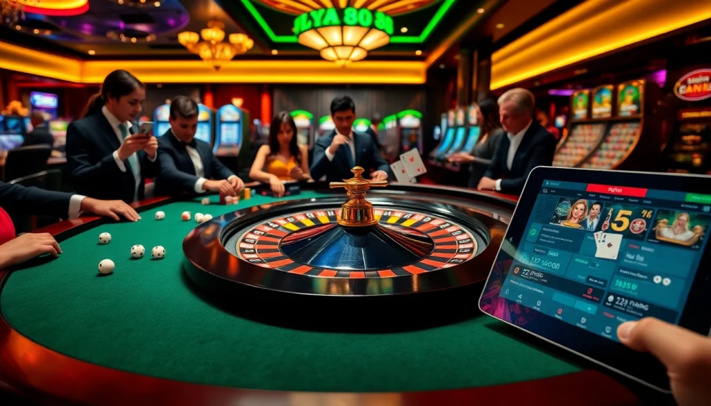 Fly88 players enjoying a thrilling casino atmosphere with roulette and poker chips.