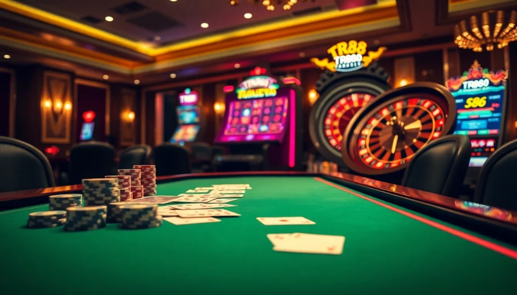 Interactive TR88 slot machine amidst vibrant casino tables and chips.