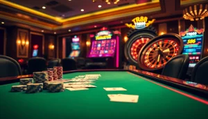 Interactive TR88 slot machine amidst vibrant casino tables and chips.