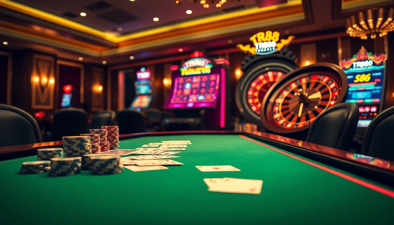 Interactive TR88 slot machine amidst vibrant casino tables and chips.