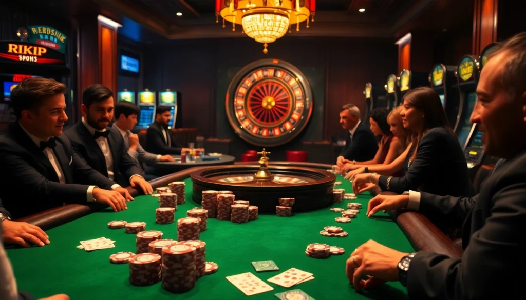 Engaged players at a rikvip poker table amidst an exciting casino atmosphere.