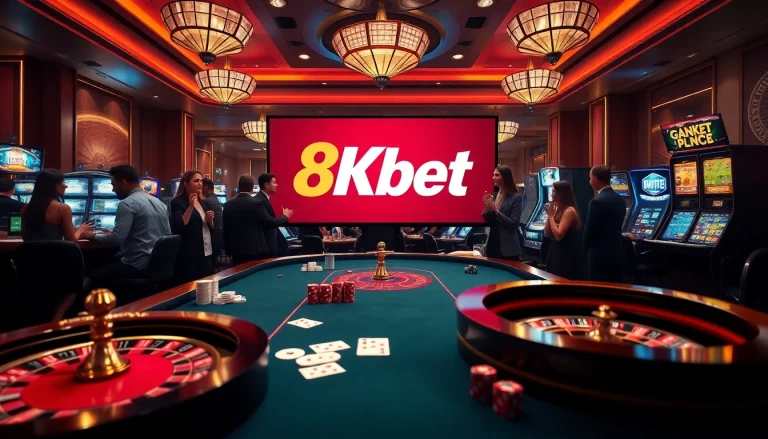 8kbet logo showcases luxury casino experience with poker tables and vibrant slot machines.