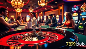 Engage with the thrill of 789club at a luxurious casino table with players and vibrant games.