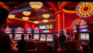 Players enjoying the thrill of the NK88 Slot machines in a vibrant casino atmosphere.