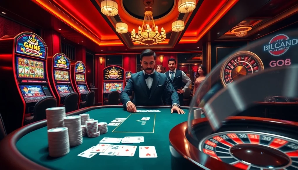 GO8 players strategizing over a poker table while enjoying vibrant slot machines in a luxurious casino setting.