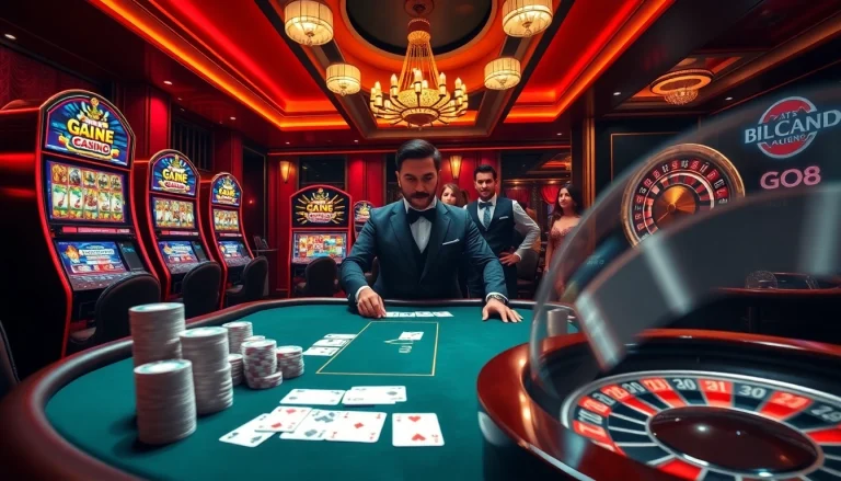 GO8 players strategizing over a poker table while enjoying vibrant slot machines in a luxurious casino setting.