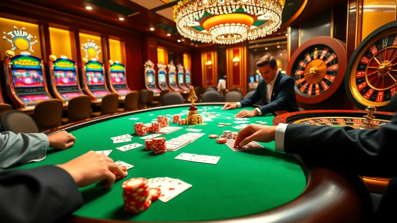 Players engaging in a high-stakes poker game with kp88 chips, showcasing casino excitement.