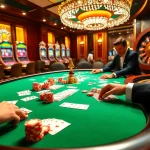 Players engaging in a high-stakes poker game with kp88 chips, showcasing casino excitement.