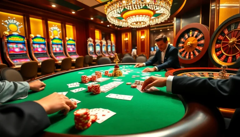Players engaging in a high-stakes poker game with kp88 chips, showcasing casino excitement.