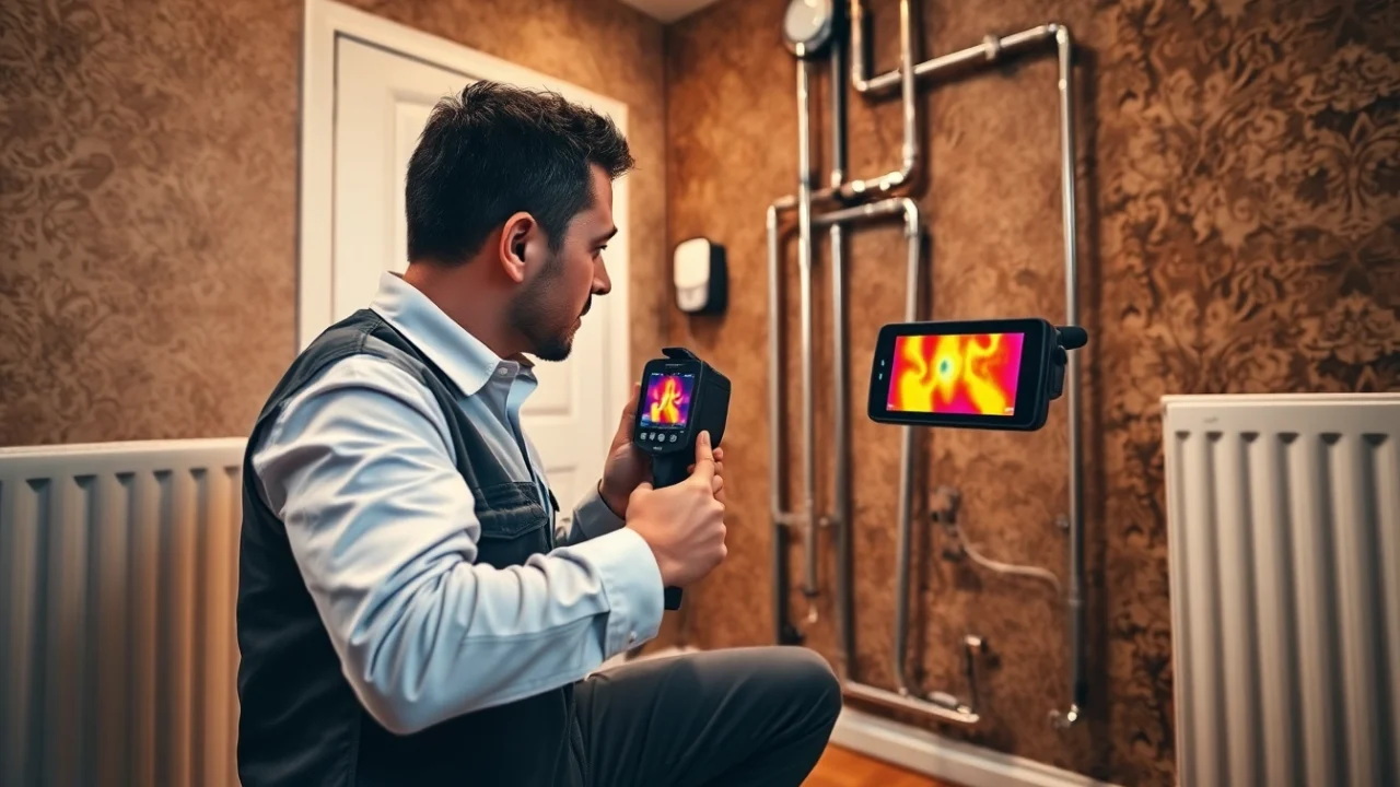 Central heating leak detection technician using thermal imaging to identify hidden leaks.